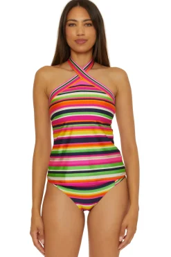 Stripe High Neck Reversible Tankini Top