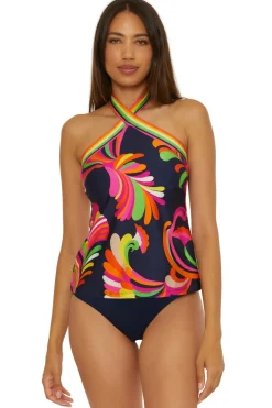 Stripe High Neck Reversible Tankini Top