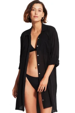 Crinkle Twill Beach Shirt Dress