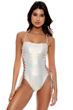 Iridescent Lace Up One Piece Swimsuit