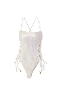Iridescent Lace Up One Piece Swimsuit