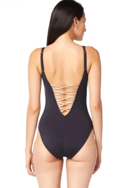 Lace Up Plunge One Piece Swimsuit