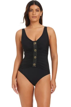 Shirred V-Neck One Piece Swimsuit