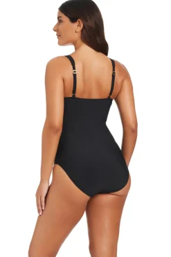 Shirred V-Neck One Piece Swimsuit