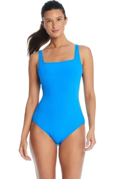 Square Neck Ribbed One Piece Swimsuit
