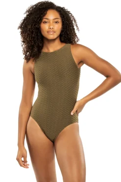 Textured High Neck One Piece Swimsuit