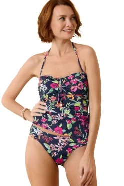 Tie-Front Shirred Bandeau Tankini Top